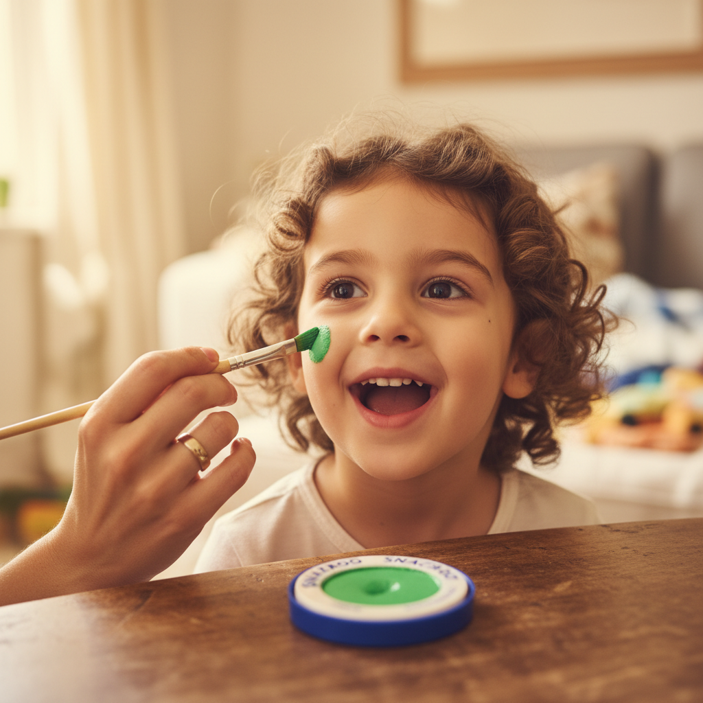 Parent applying Snazaroo bright green face paint to child's cheek with brush, candid warm family moment
