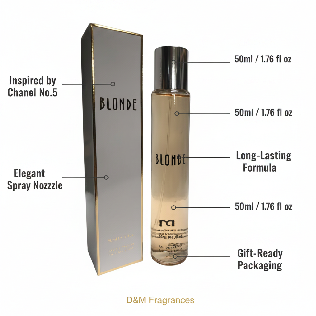 D&M Fragrances Blonde 50ml EDP feature infographic with callout labels — inspired by Chanel No.5, long-lasting, 50ml, elegant spray, gift-ready