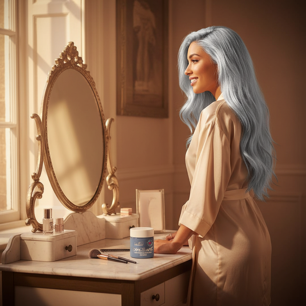 Woman with stunning silver metallic hair looking confidently in mirror, La Riche Directions dye on vanity