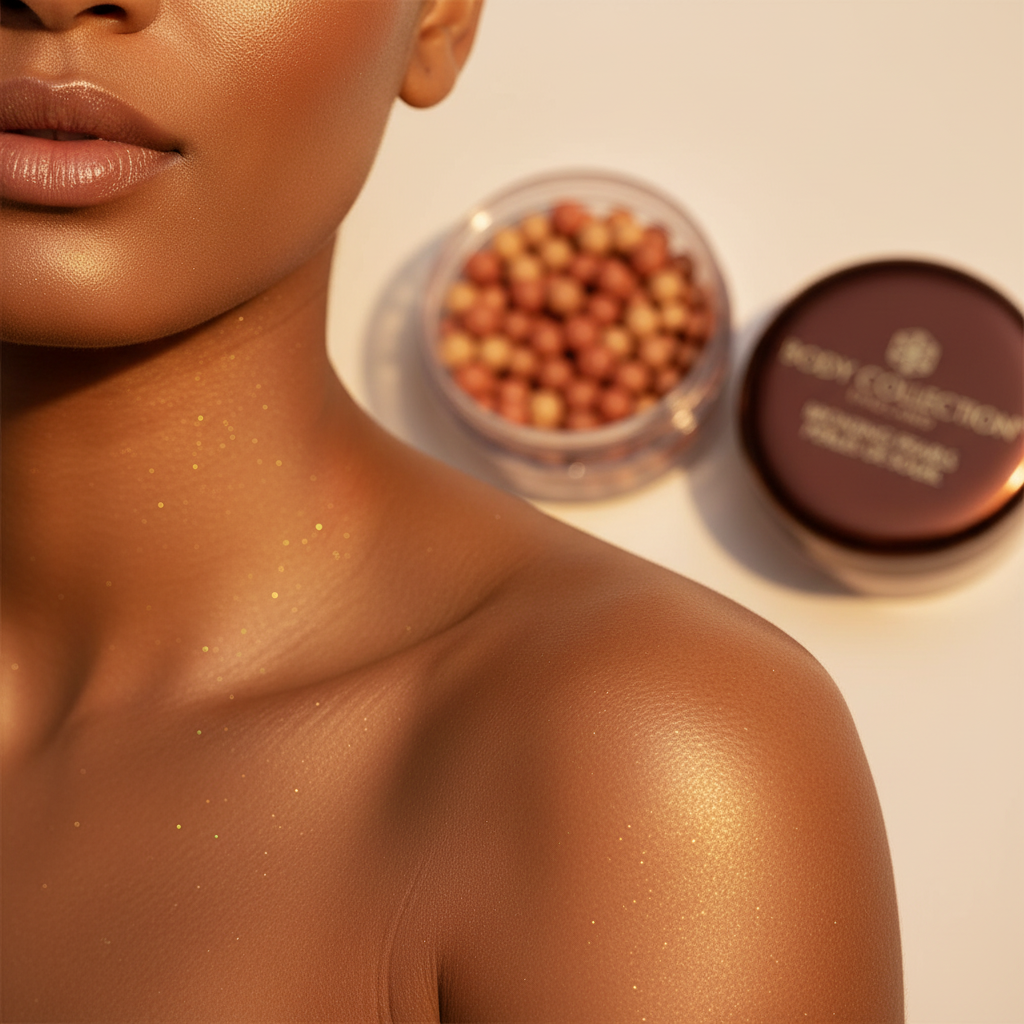 Close-up of radiant bronzed skin showing luminous shimmer effect from bronzing pearls
