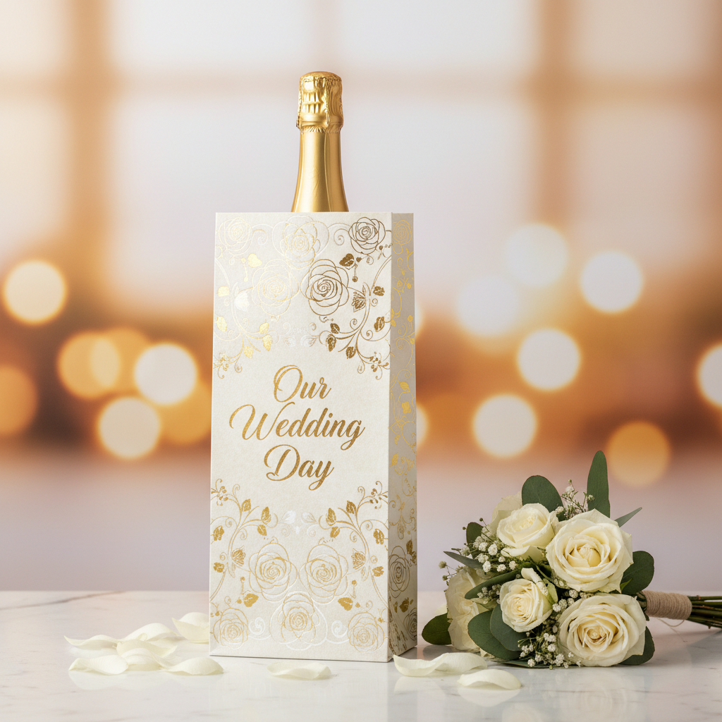 Wedding Day Bottle Gift Bag 14x5 inch displayed on marble surface with white roses and champagne bottle