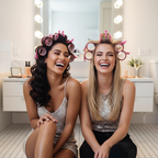 Two friends laughing with pink velcro hair rollers in their hair getting ready for a night out