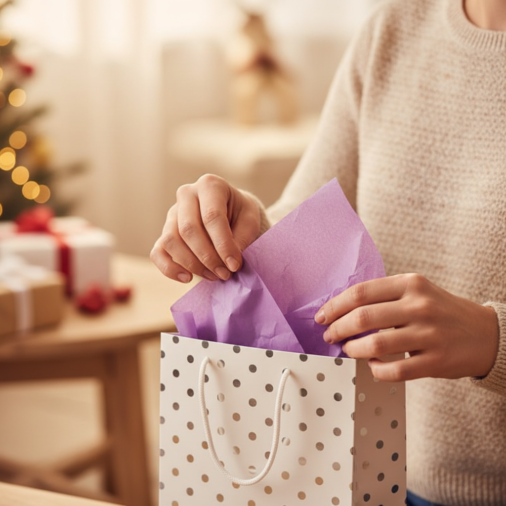 Hands wrapping a gift with purple tissue paper, candid lifestyle moment with bokeh background