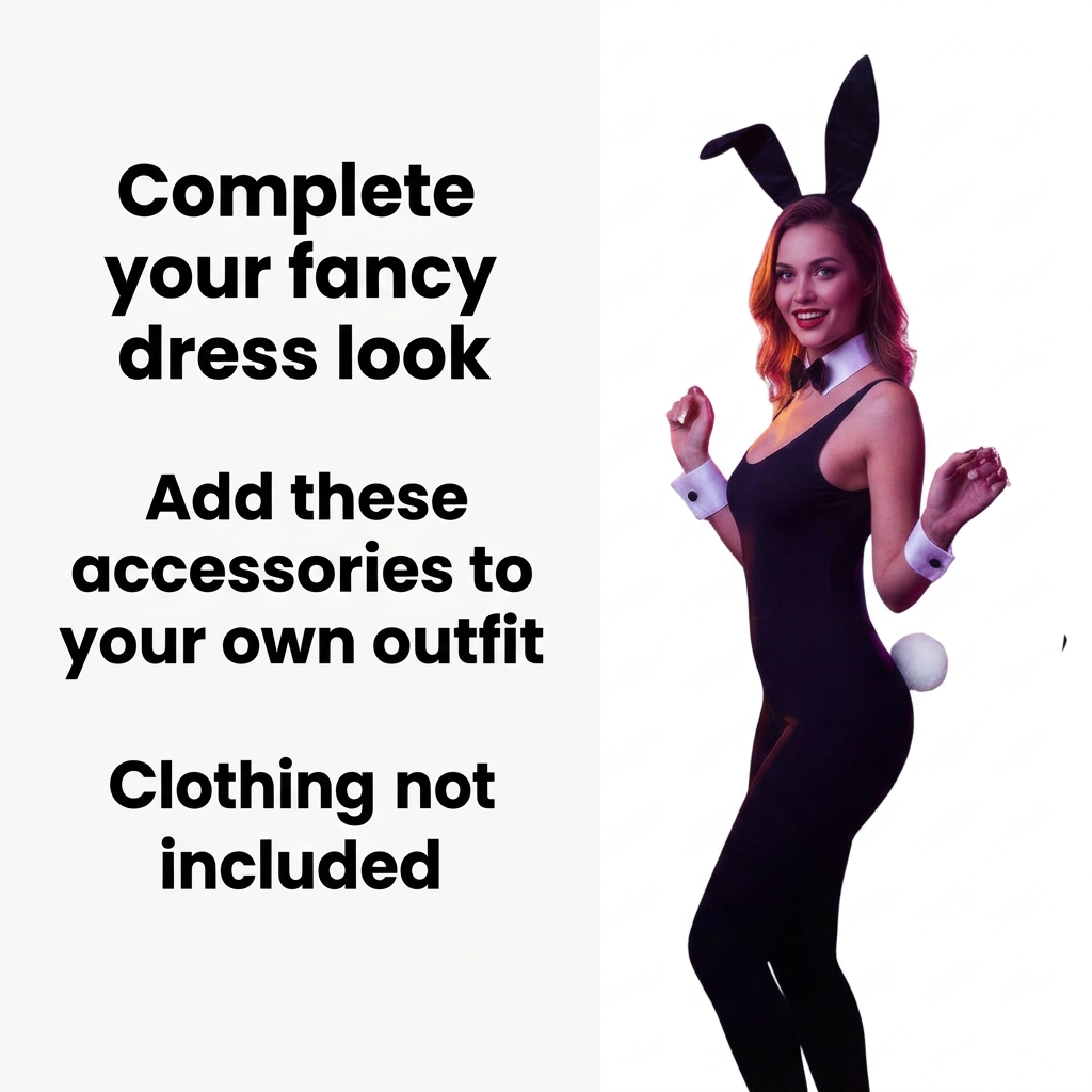 A promotional graphic with text reading 'Complete your fancy dress look', 'Add these accessories to your own outfit', and 'Clothing not included' beside a woman wearing bunny ears, a black bunny suit, white cuffs, and a white collar on a white background.