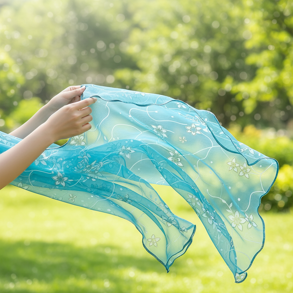 Close-up of hands holding a flowing teal chiffon scarf showing white floral print and delicate scalloped mushroom ruffle edge detail