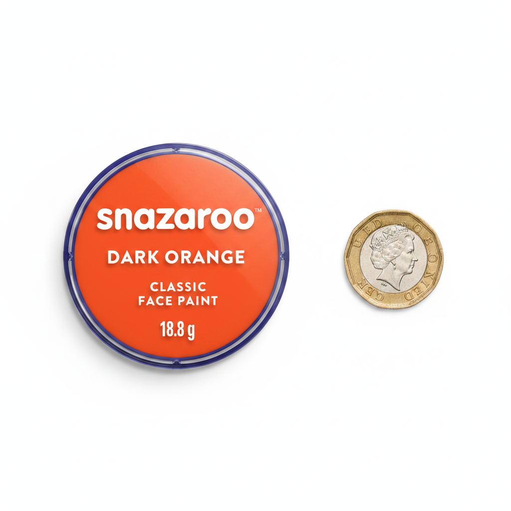 Snazaroo Dark Orange Face Paint 18ml pot beside a £1 coin showing product scale, flat lay on white background
