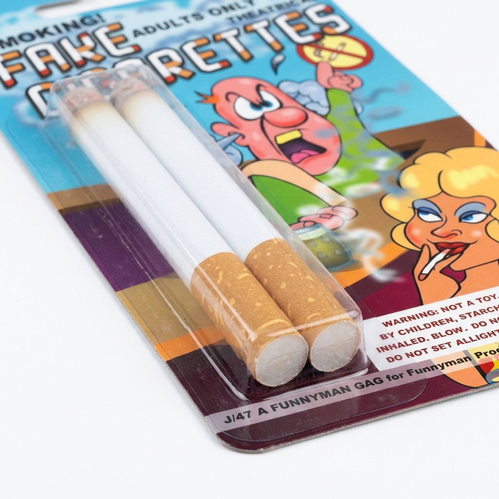 Close-up of two Funnyman fake cigarettes showing tan tips inside the clear blister packaging.