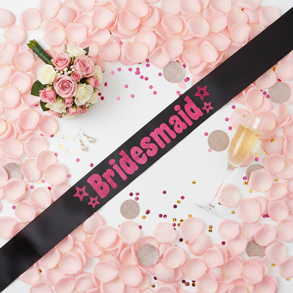 Flat lay of black bridesmaid sash with hot pink foil letters surrounded by rose petals, champagne glass, and wedding accessories