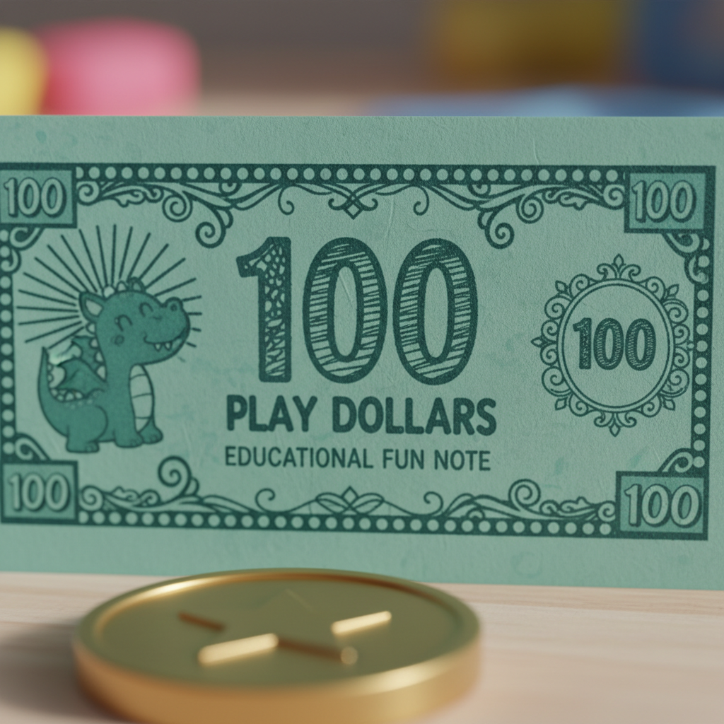 Extreme macro close-up of children's teal play money note showing fine print detail and texture