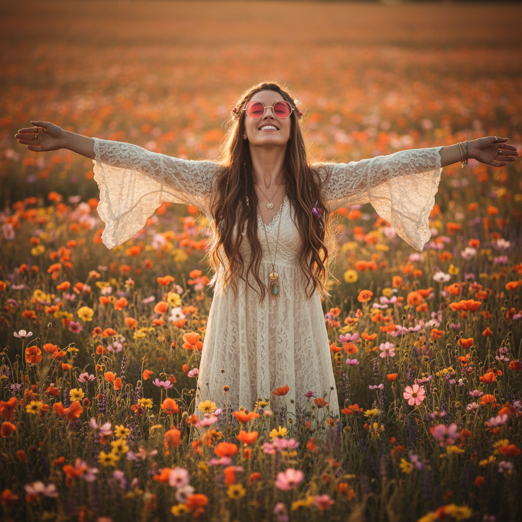 Free-spirited woman wearing round pink hippy glasses with arms outstretched in a wildflower field at golden hour – emotional aspirational scene