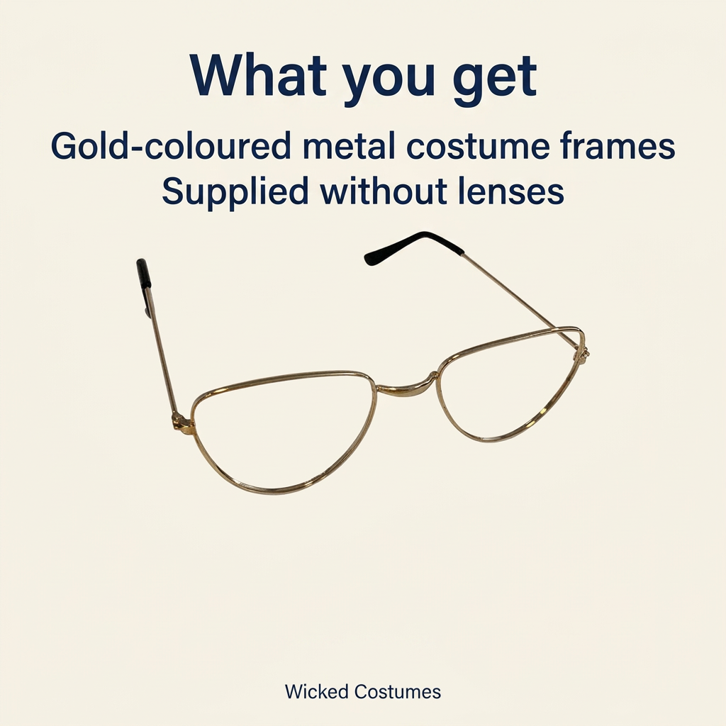Wicked Costumes gold metal frames with product information stating they are supplied without lenses