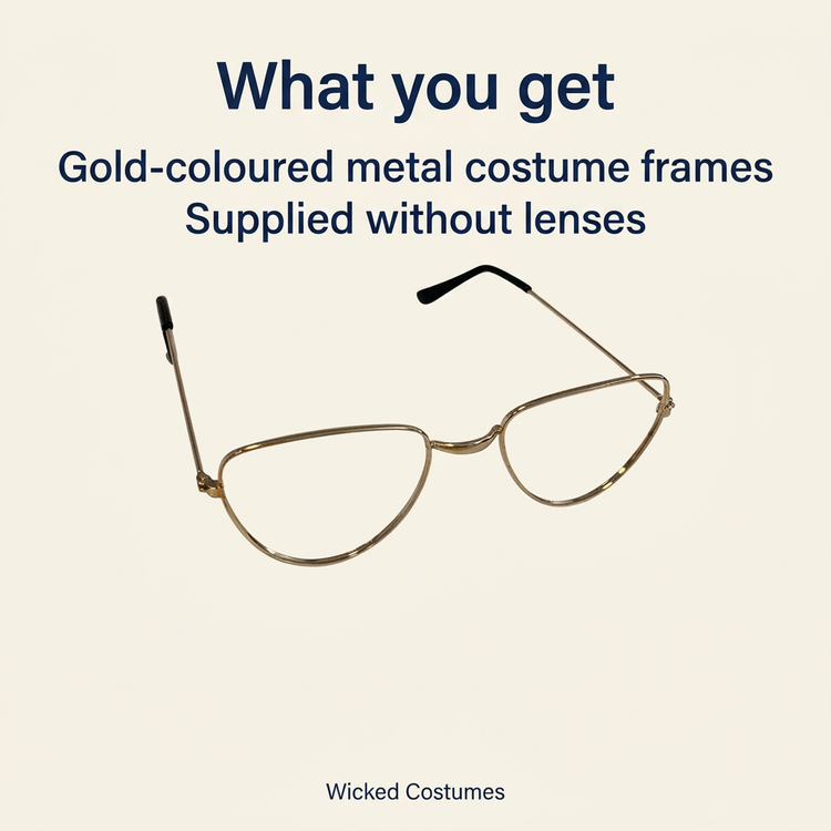 Wicked Costumes gold metal frames with product information stating they are supplied without lenses