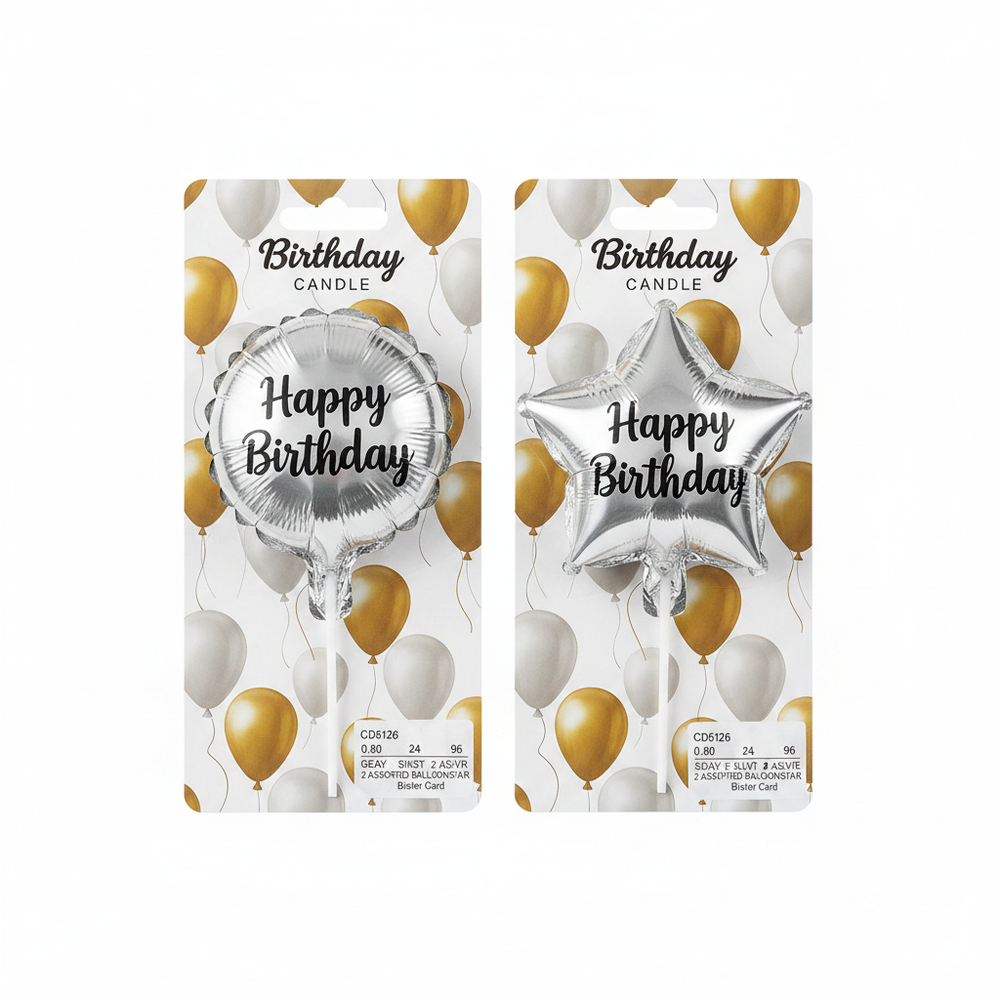 6.5cm assorted designs silver foil birthday candles on white background - circle and star shapes in retail packaging