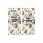 6.5cm assorted designs silver foil birthday candles on white background - circle and star shapes in retail packaging