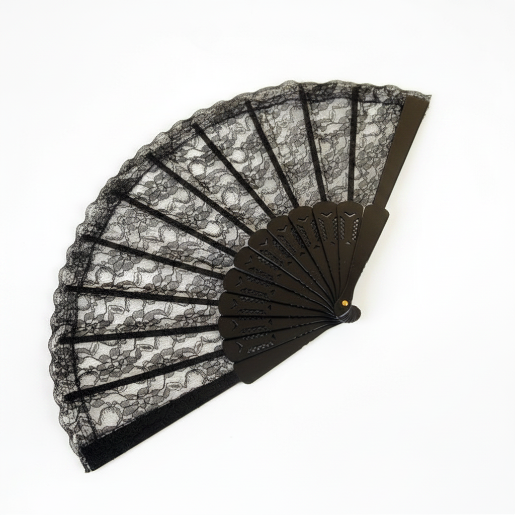 Black lace hand fan partially open showing side profile and fan ribs