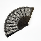 Black lace hand fan partially open showing side profile and fan ribs