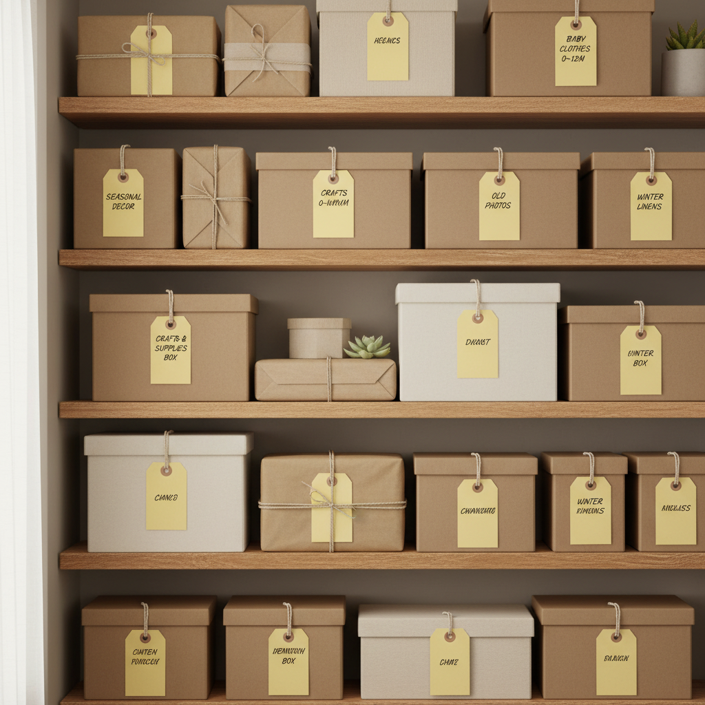Neatly organised storage boxes and parcels on shelving, each labelled with a pale yellow manilla tie-on luggage label showing handwritten contents
