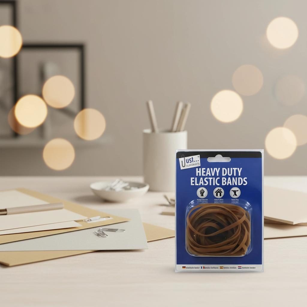 Just Stationery heavy duty elastic bands 60g pack on a styled office desk