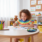 Happy child painting with jumbo paint palette and brush - creative play and art activities