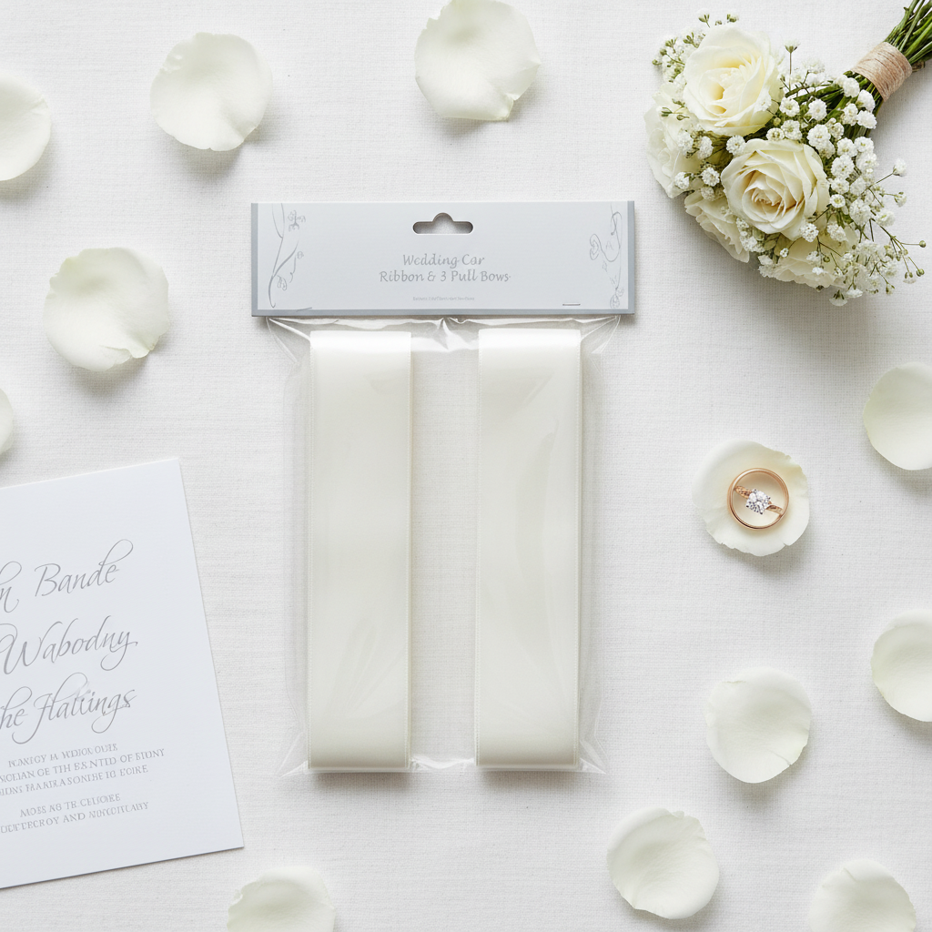 Flat lay of ivory wedding car ribbon and pull bows with white roses and wedding details on linen