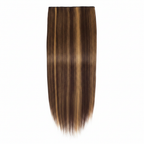 20 inch one piece clip-in straight hair extension in #4/27 Coral Bells, dark chocolate brown with golden caramel highlights, studio white background