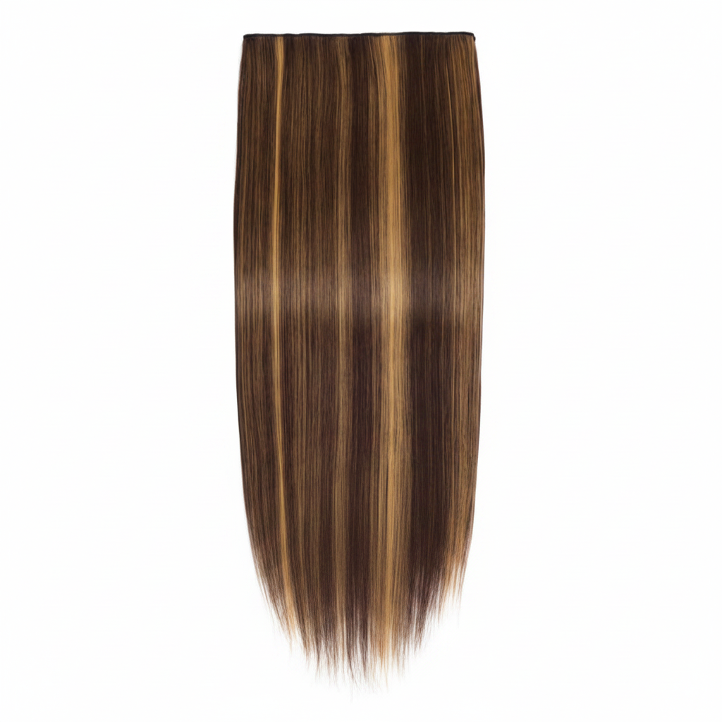 20 inch one piece clip-in straight hair extension in #4/27 Coral Bells, dark chocolate brown with golden caramel highlights, studio white background