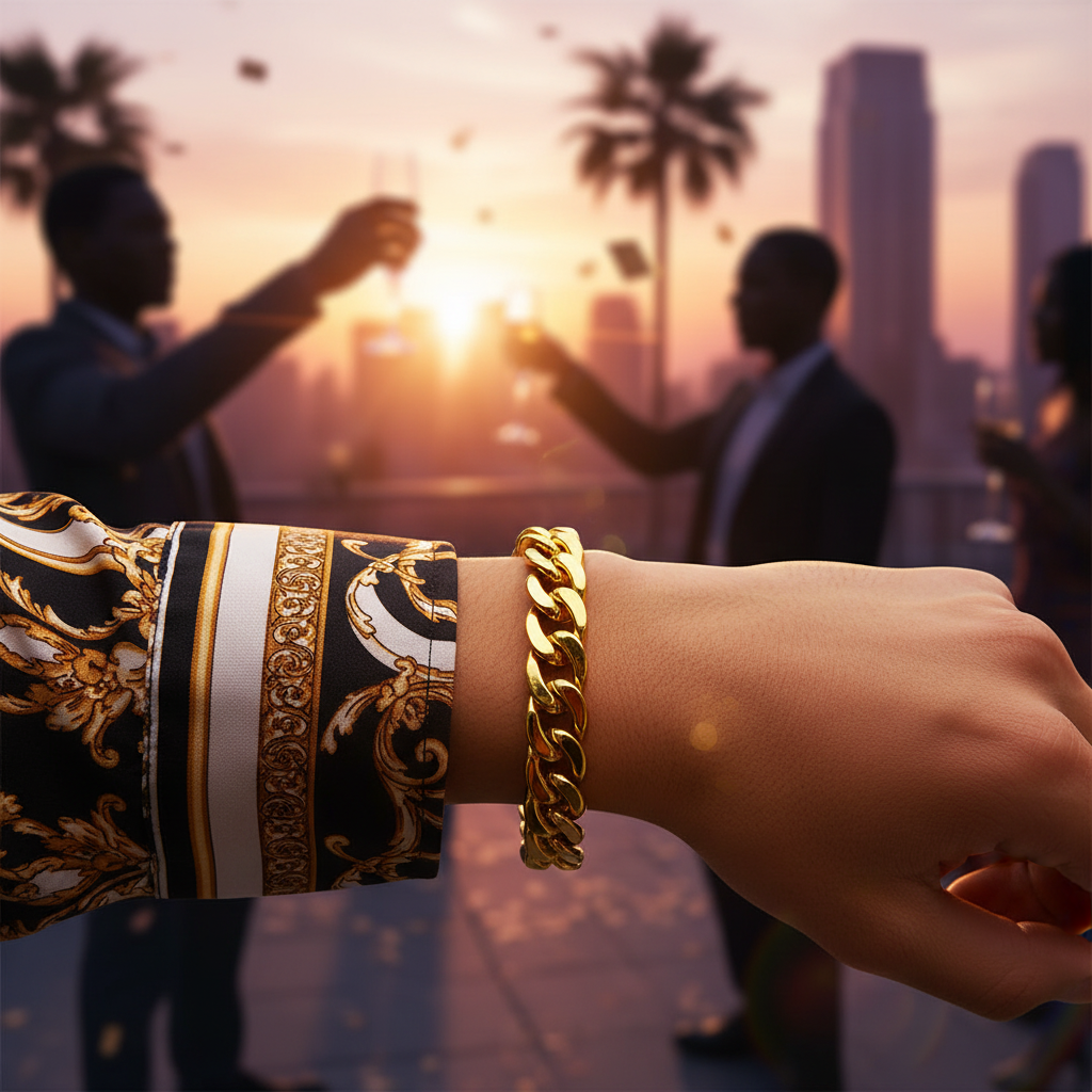 Person wearing chunky gold bracelet at a golden hour party — bold hip-hop aspirational lifestyle
