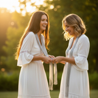 Two women friends at golden hour, one tying a metallic silver fringe scarf around the other's waist outdoors