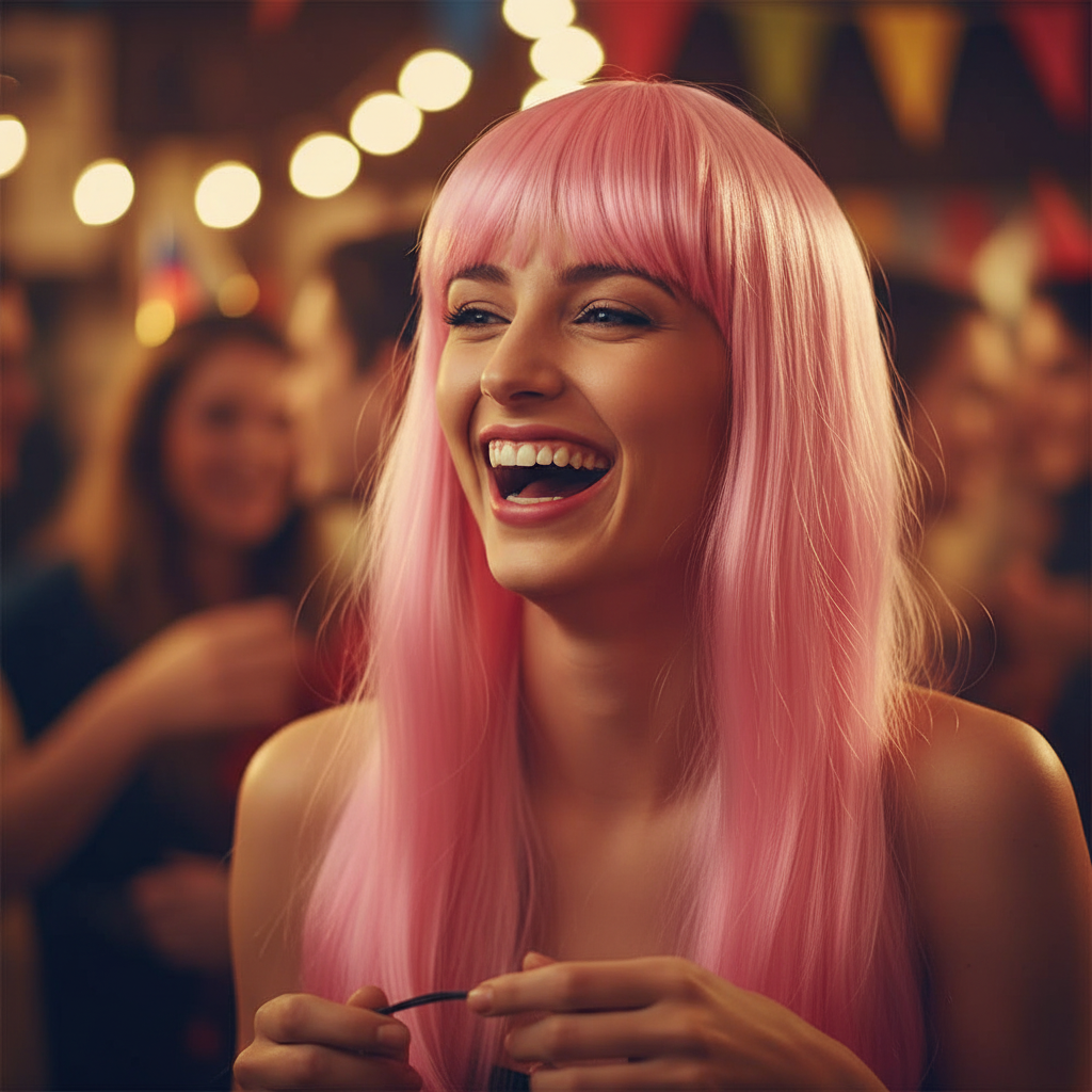 Woman wearing long bubblegum pink fringe wig laughing at a costume party