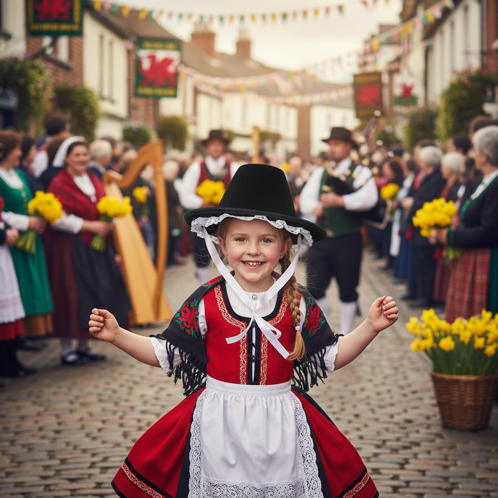 Girl in Welsh traditional tall hat at outdoor Welsh event