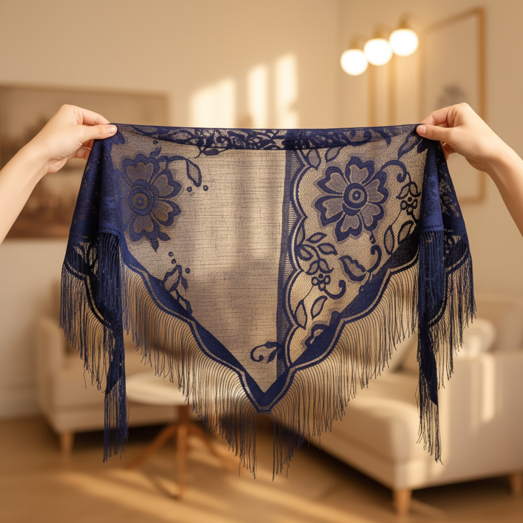 Close-up of hands holding a navy blue lace triangle shawl showing intricate floral embroidery pattern and long tassel fringe detail