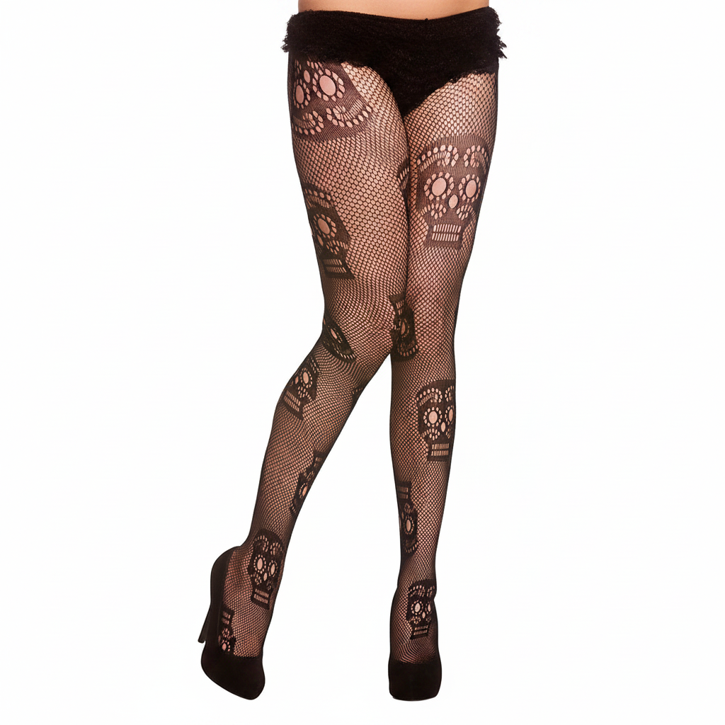 Womens black fishnet tights with skull design on white background, Amazon hero shot