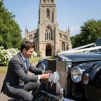 Best man attaching white wedding ribbon and pull bow to a black wedding car outside a church