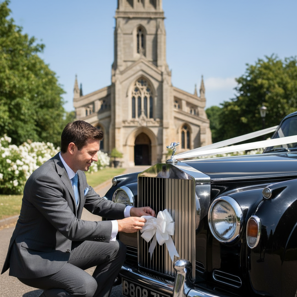Best man attaching white wedding ribbon and pull bow to a black wedding car outside a church