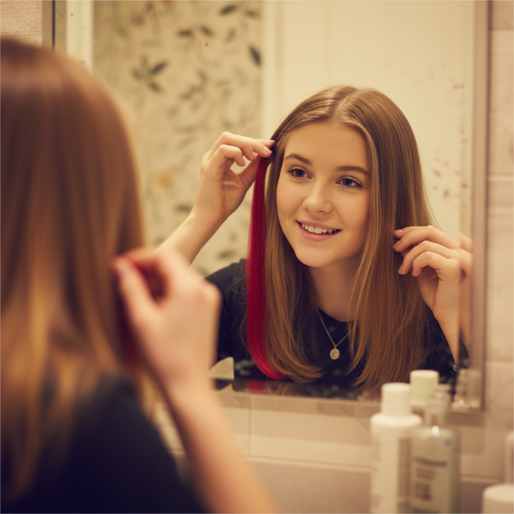 Young woman clipping in a vivid cherry red Stargazer hair extension in front of a mirror, candid self-expression moment