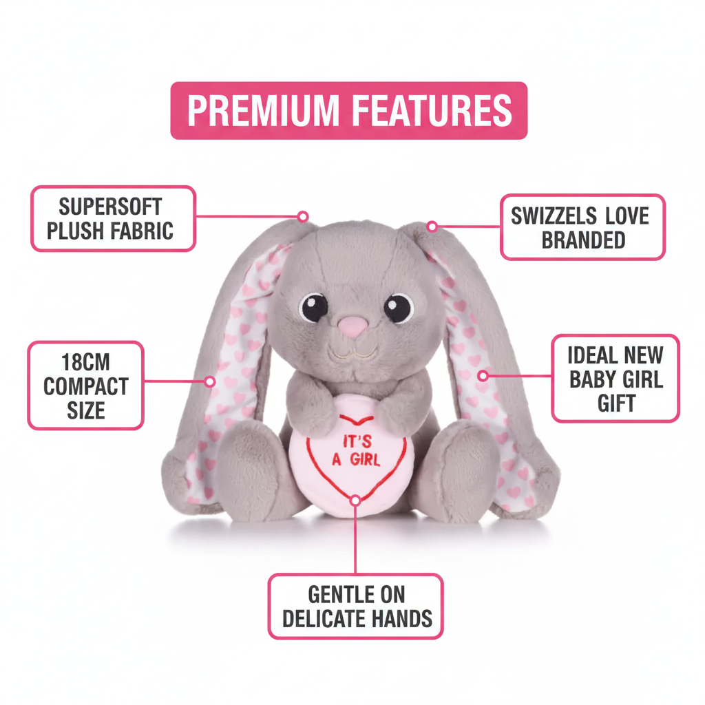 Swizzels Love Heart Bunny feature callout infographic showing key product details