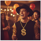 Person wearing gold dollar medallion necklace at a fancy dress party, candid lifestyle shot with bokeh background
