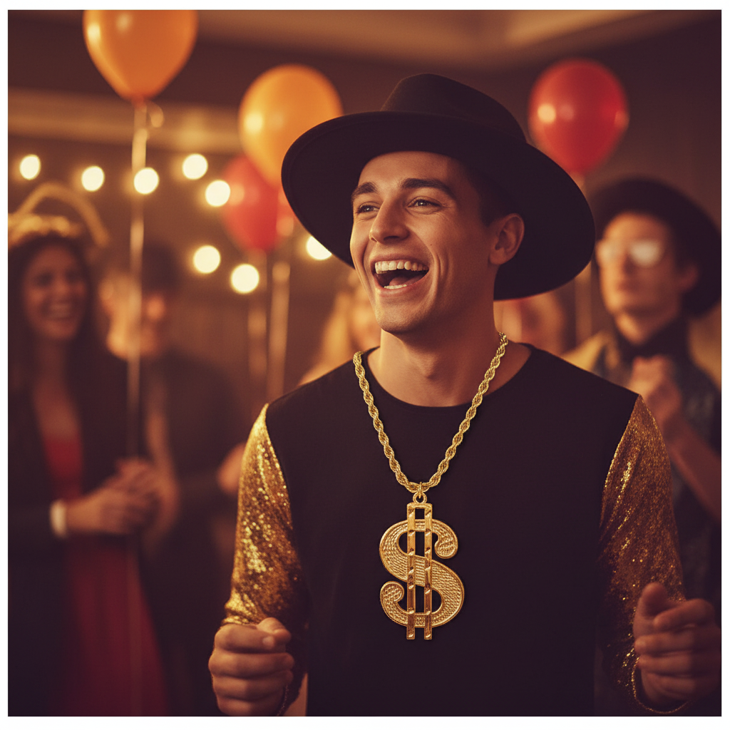 Person wearing gold dollar medallion necklace at a fancy dress party, candid lifestyle shot with bokeh background