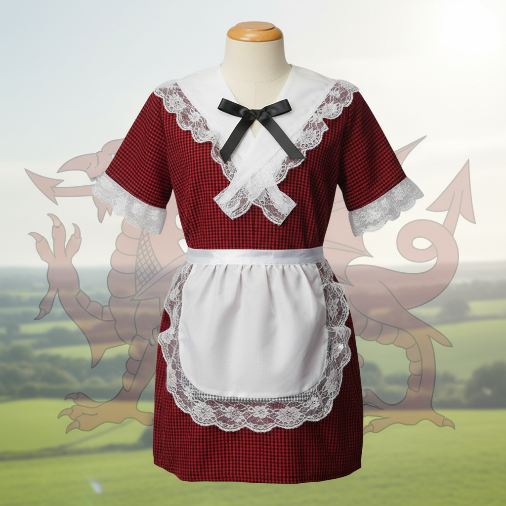Traditional Welsh baby costume in red checked fabric with white lace trim, apron and black ribbon for ages 6-12 months