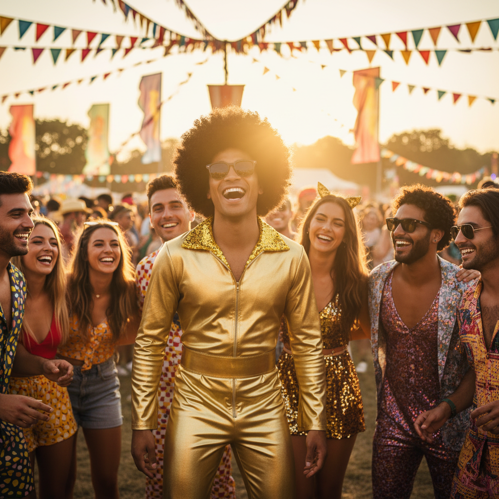 Man wearing gold disco costume at an outdoor summer festival fancy dress event in golden afternoon light