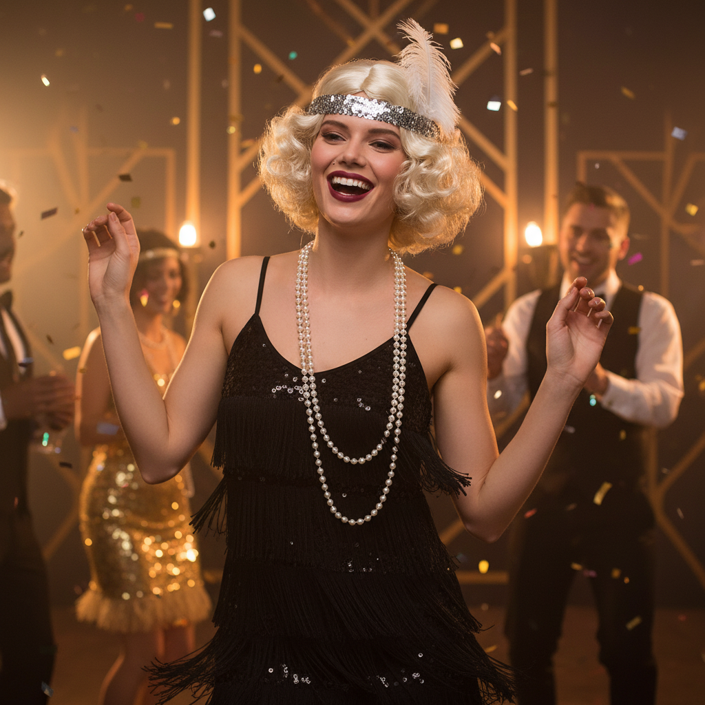 Woman wearing white pearl necklaces as part of a 1920s flapper fancy dress costume