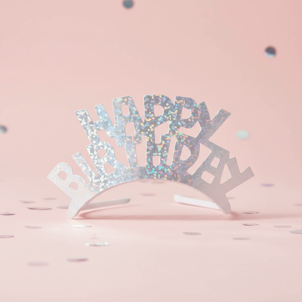 Silver prismatic birthday tiara on headband with sparkling crystals against elegant background
