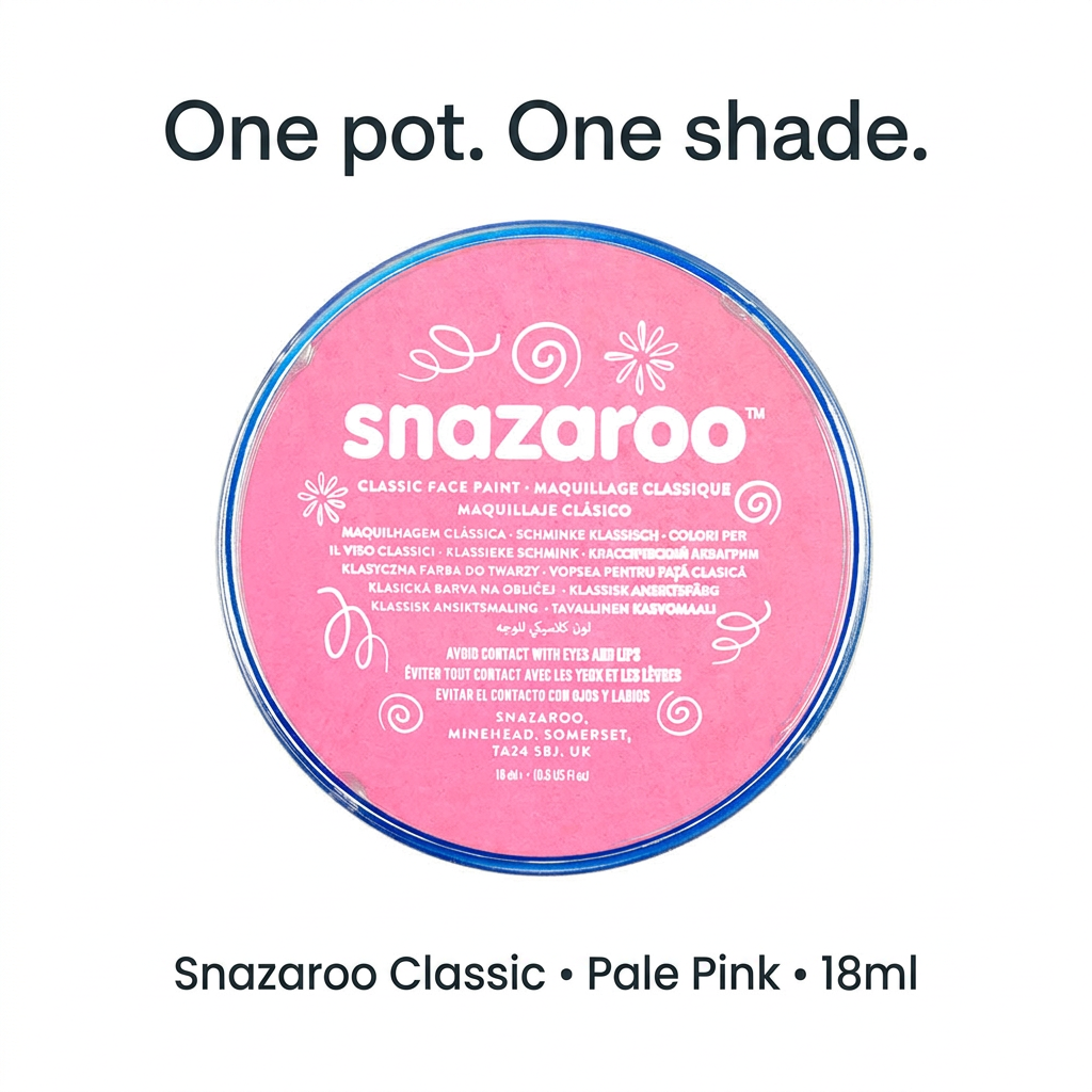 Single Snazaroo Classic Pale Pink 18ml pot with one-pot, one-shade product information