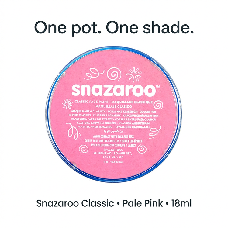 Single Snazaroo Classic Pale Pink 18ml pot with one-pot, one-shade product information