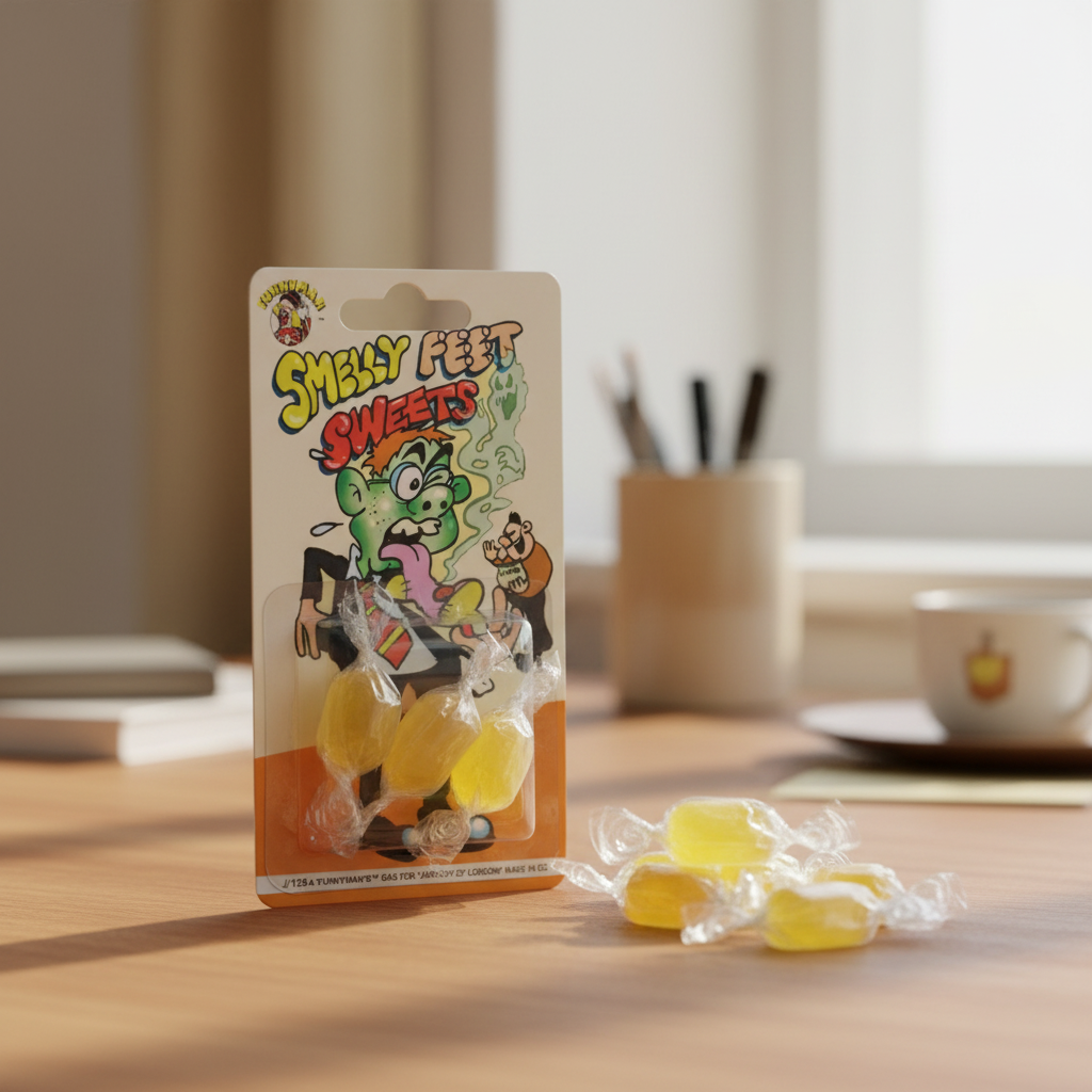 Funnyman Smelly Feet Sweets packaging propped on wooden desk with yellow jelly sweets tipped out beside it