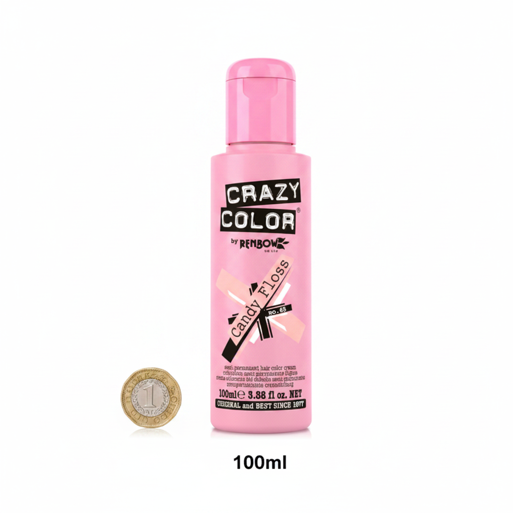 Crazy Color Candy Floss No.65 100ml hair dye bottle beside a UK £1 coin showing product size on white background