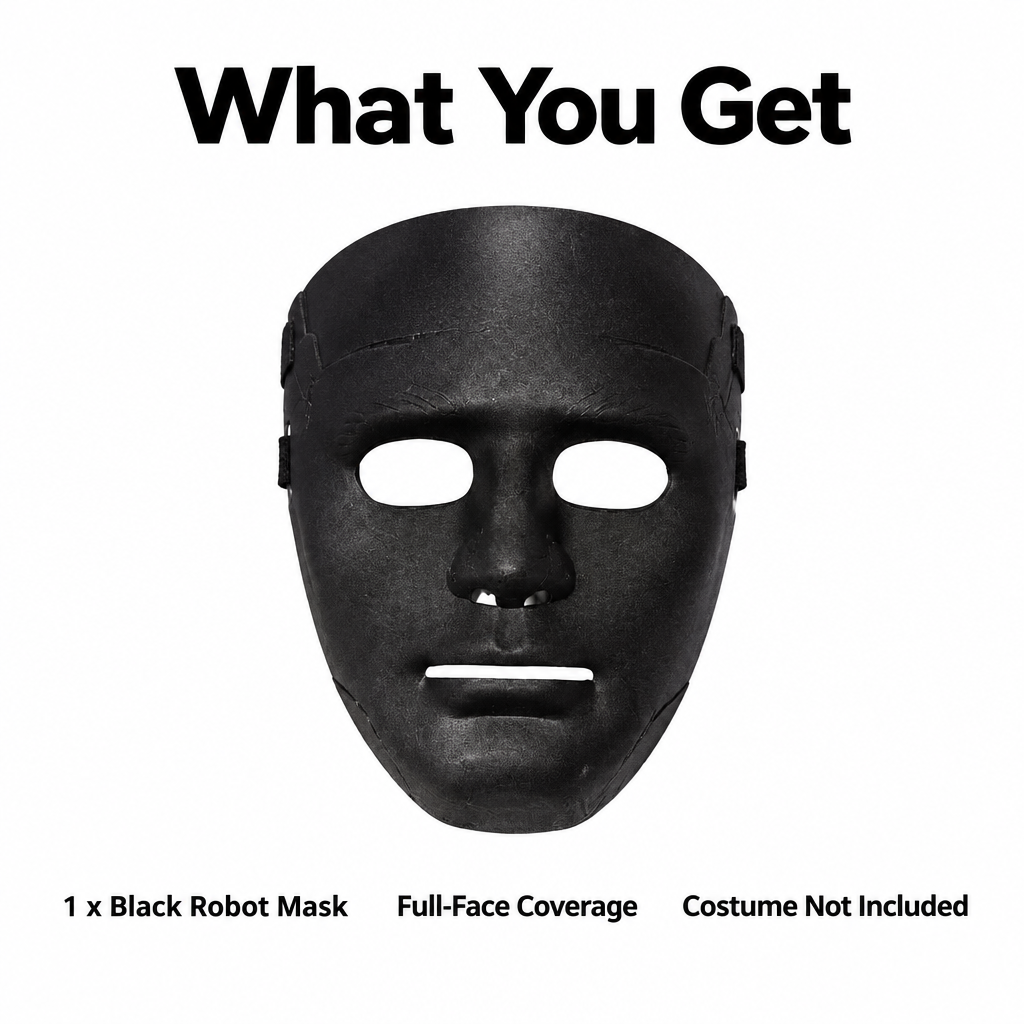 Black robot mask shown as a single item with a what-you-get caption, costume not included