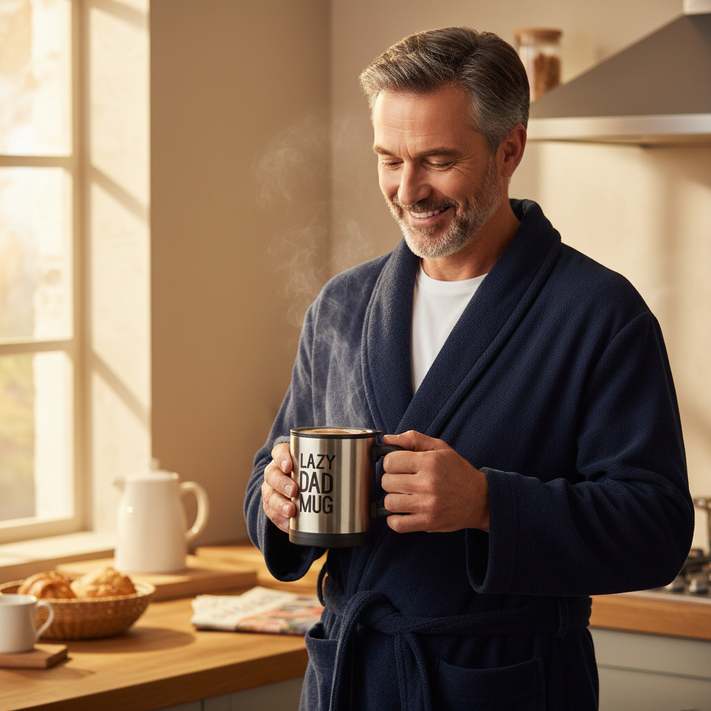 Dad in dressing gown pressing button on self stirring mug in cozy kitchen on Sunday morning