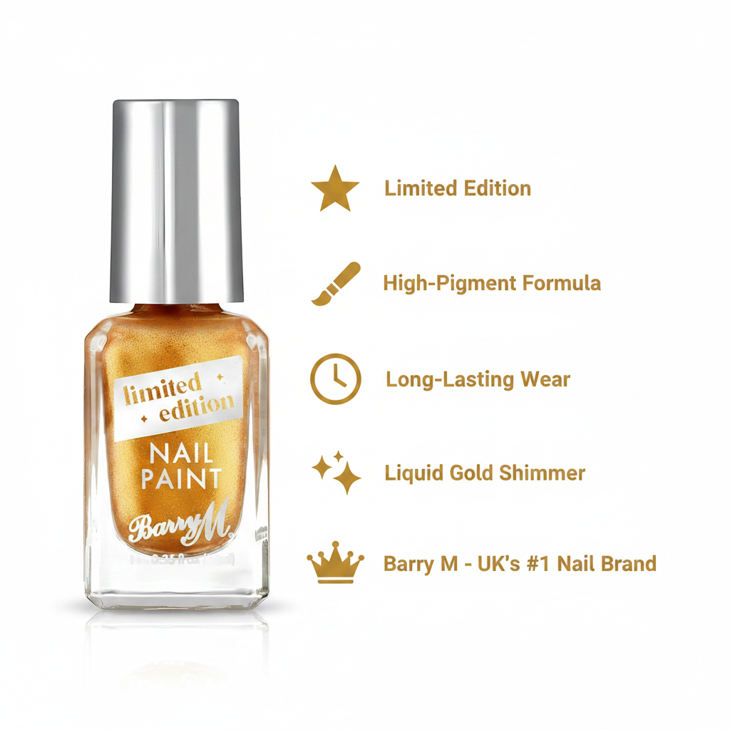 Barry M Gold Limited Edition Nail Polish Syrup 149 - product infographic showing key benefits
