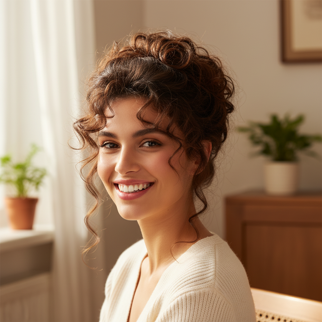 Woman with gorgeous voluminous warm chestnut brown curly updo showing the beautiful result of wearing the 6 Daylillies hair bun clip-in